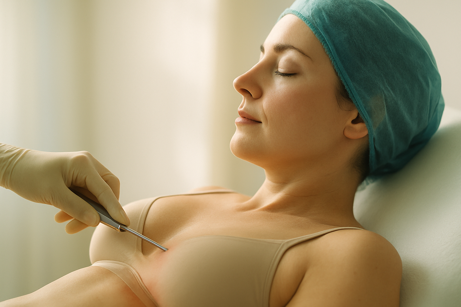 Liposuction — PROFILE PORTRAIT of a person mid-treatment, eyes closed, soft side light