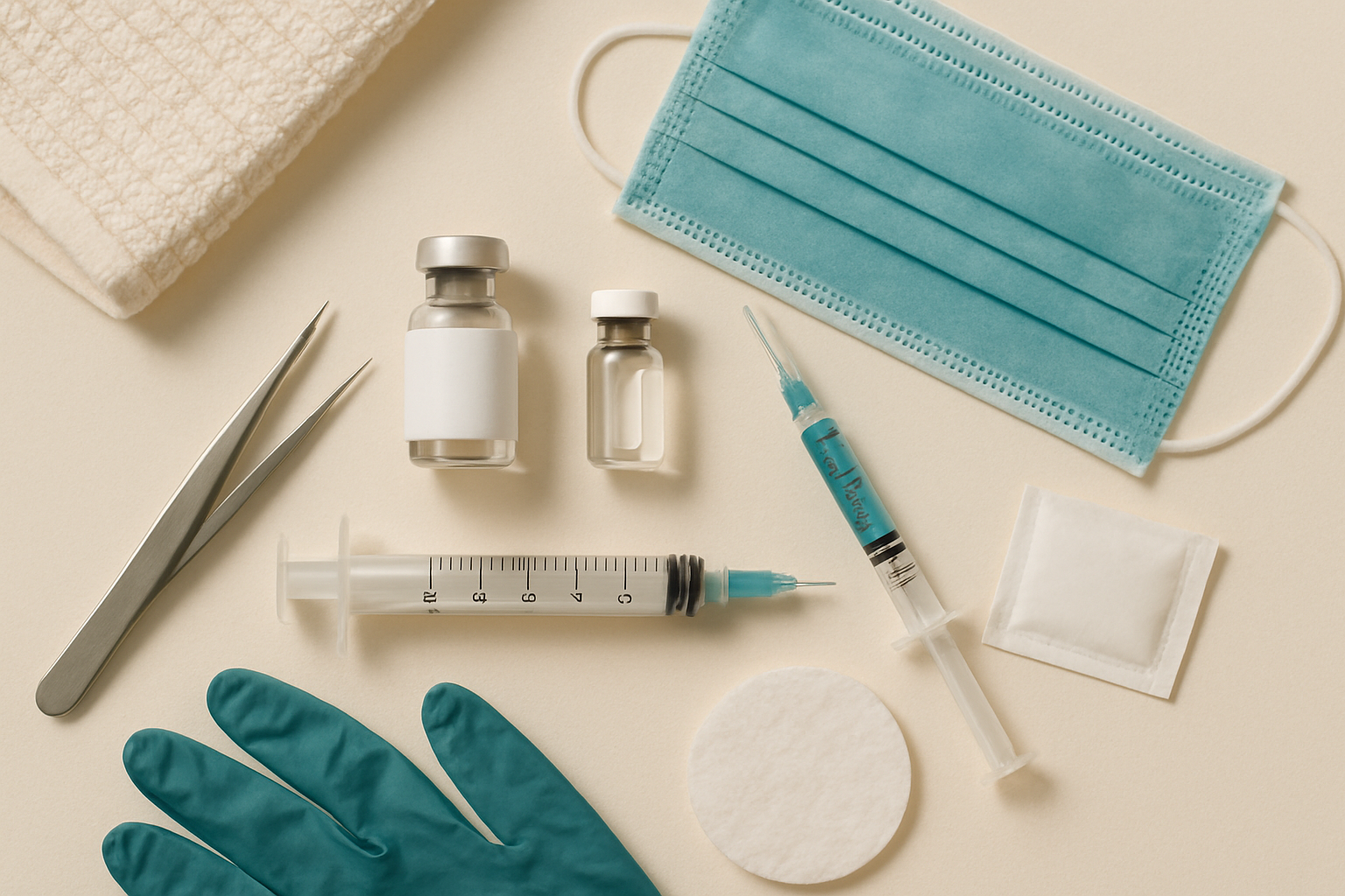 Botox & Fillers — OVERHEAD FLAT-LAY of the tools, products, and supplies for this service, clean background
